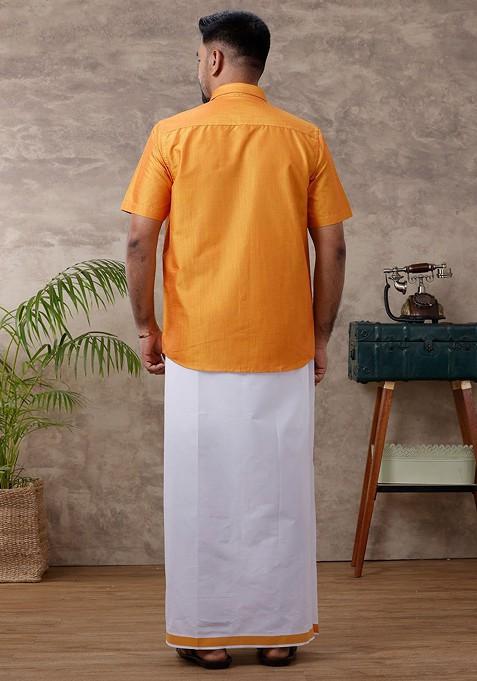 Yellow Solid Traditional Cotton Shirt And Matching Fancy Border Dhoti For Men