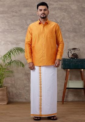 Orange Solid Traditional Cotton Shirt And Matching Fancy Border Dhoti For Men