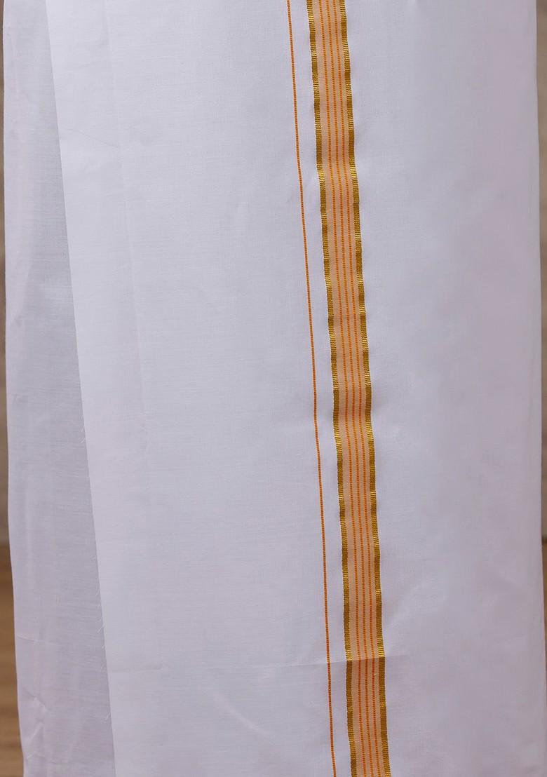 Orange Solid Traditional Cotton Shirt And Matching Fancy Border Dhoti For Men - Indya