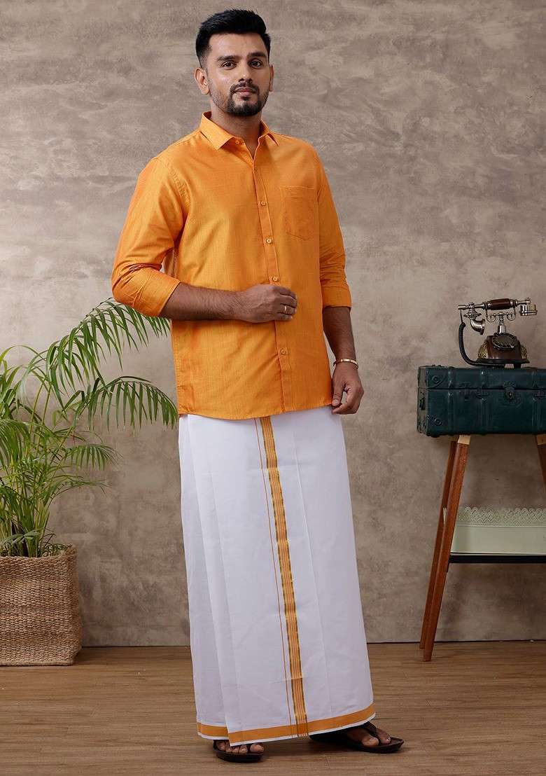 Orange Solid Traditional Cotton Shirt And Matching Fancy Border Dhoti For Men - Indya
