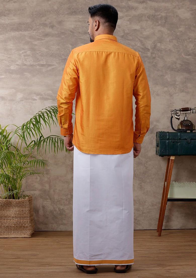 Orange Solid Traditional Cotton Shirt And Matching Fancy Border Dhoti For Men - Indya