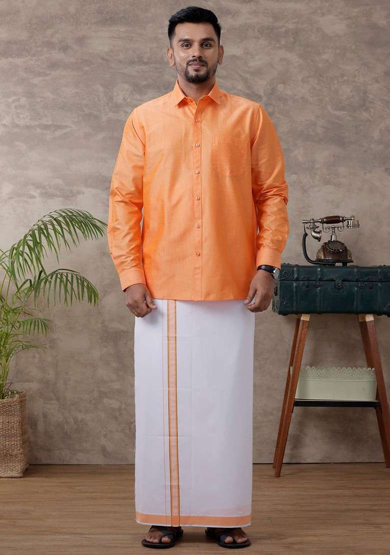 Orange Solid Traditional Cotton Shirt And Matching Fancy Border Dhoti For Men - Indya