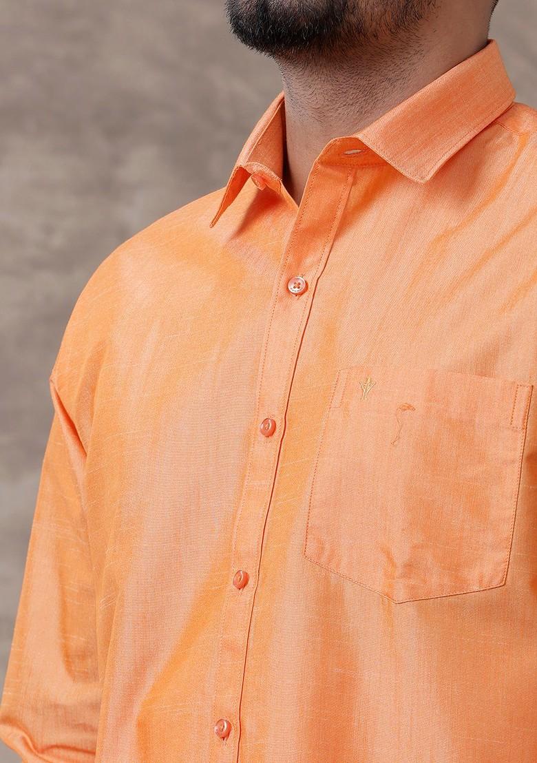 Orange Solid Traditional Cotton Shirt And Matching Fancy Border Dhoti For Men - Indya