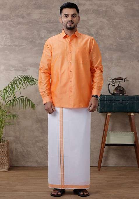 Orange Solid Traditional Cotton Shirt And Matching Fancy Border Dhoti For Men