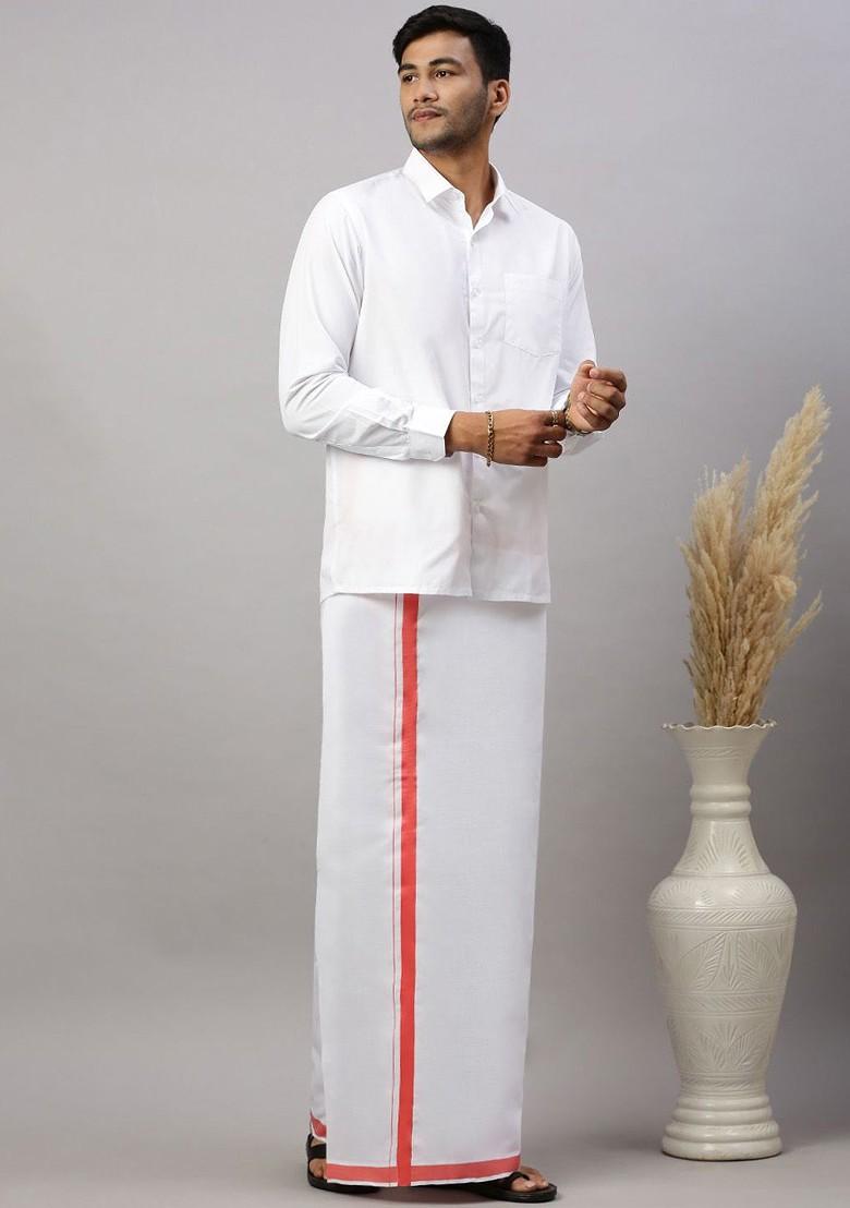 White Cotton Solid Single Layer Dhoti For Men - Indya