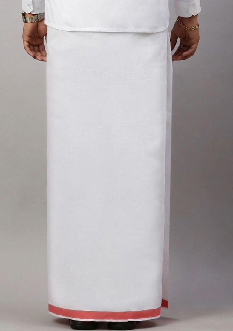 White Cotton Solid Single Layer Dhoti For Men - Indya