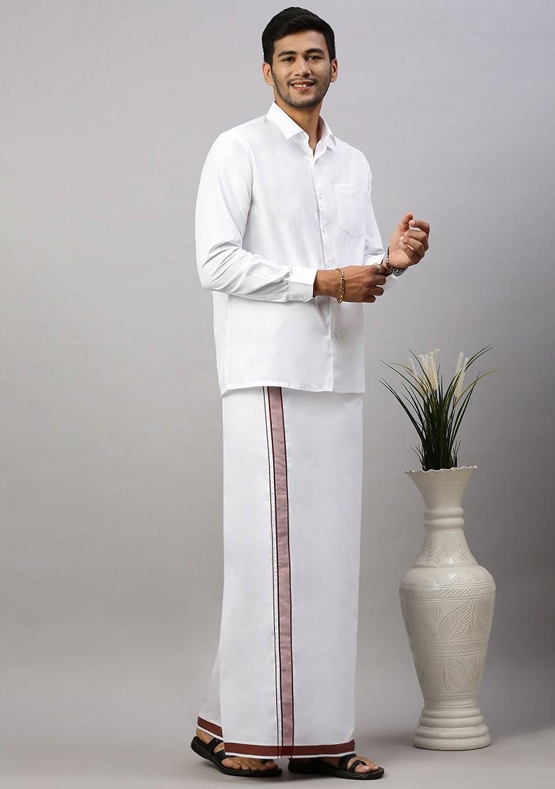 White Cotton Solid Single Layer Dhoti For Men - Indya
