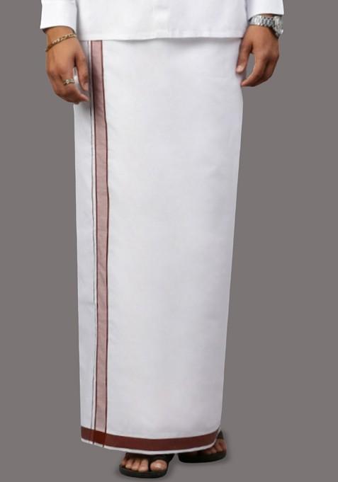 White Cotton Solid Single Layer Dhoti For Men