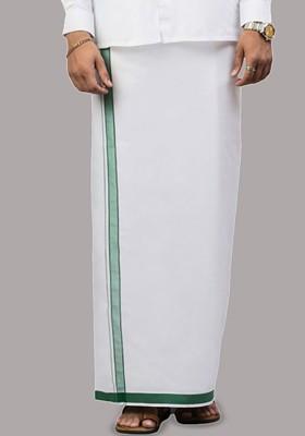 White Cotton Solid Single Layer Dhoti With Border For Men
