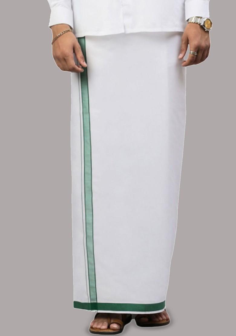 White Cotton Solid Single Layer Dhoti With Border For Men - Indya
