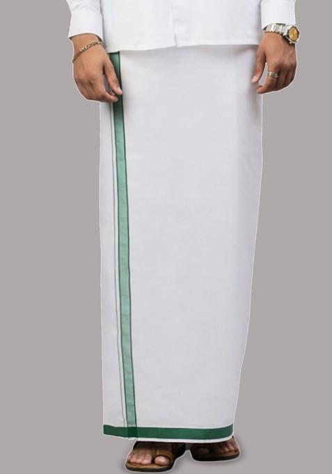 White Cotton Solid Single Layer Dhoti With Border For Men