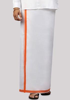 White Cotton Solid Single Layer Dhoti With Border For Men