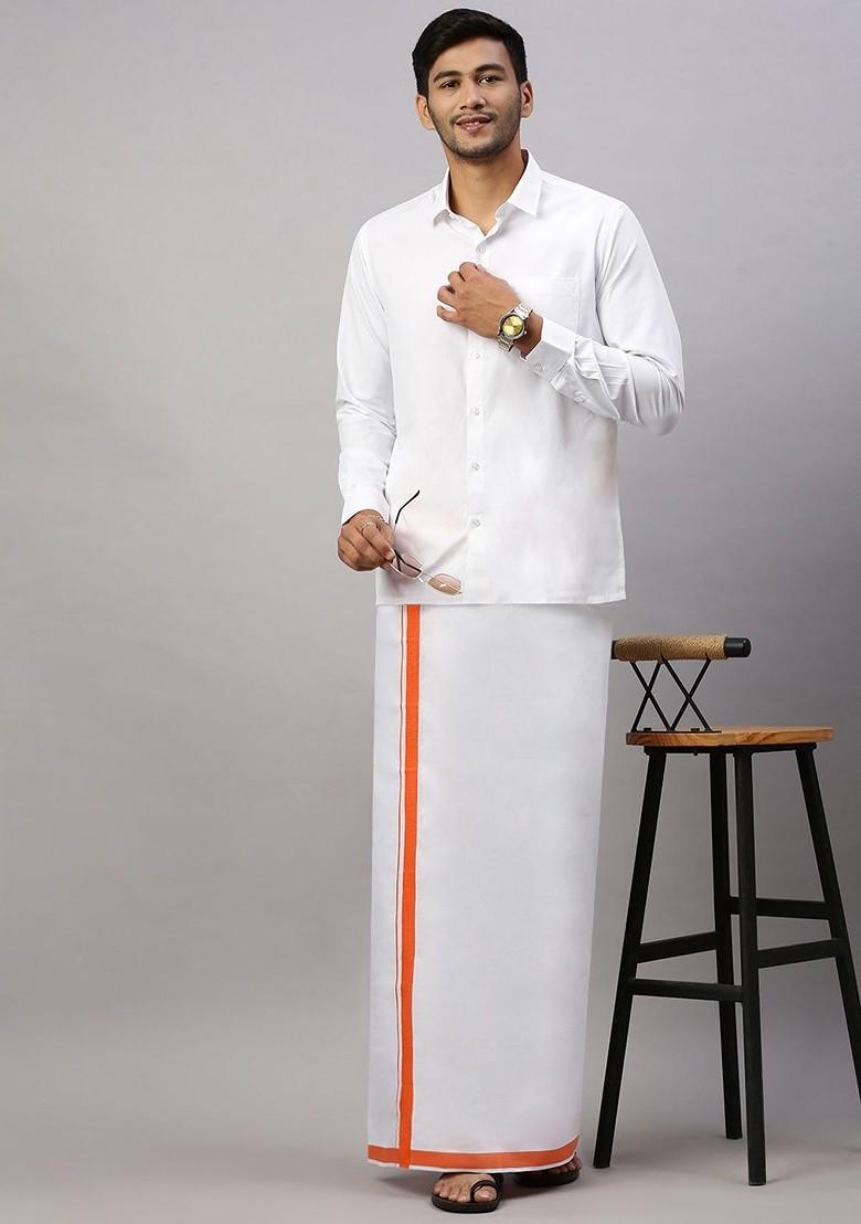 White Cotton Solid Single Layer Dhoti With Border For Men - Indya