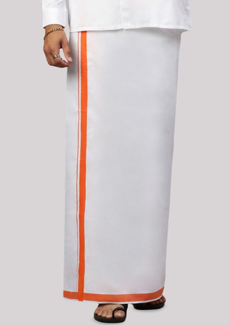 White Cotton Solid Single Layer Dhoti With Border For Men - Indya