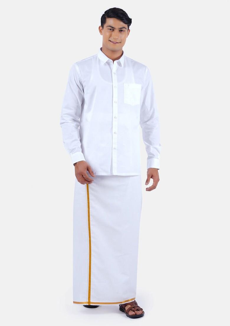 White Long Sleeves Pure Cotton Shirt With Dhoti For Men