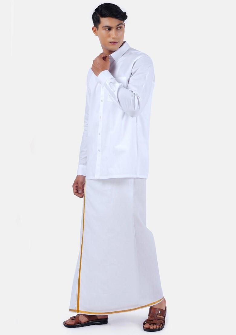 White Long Sleeves Pure Cotton Shirt With Dhoti For Men