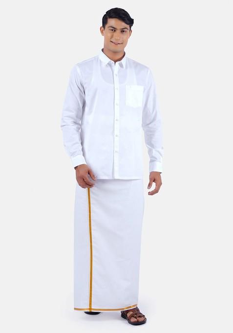 White Long Sleeves Pure Cotton Shirt With Dhoti For Men