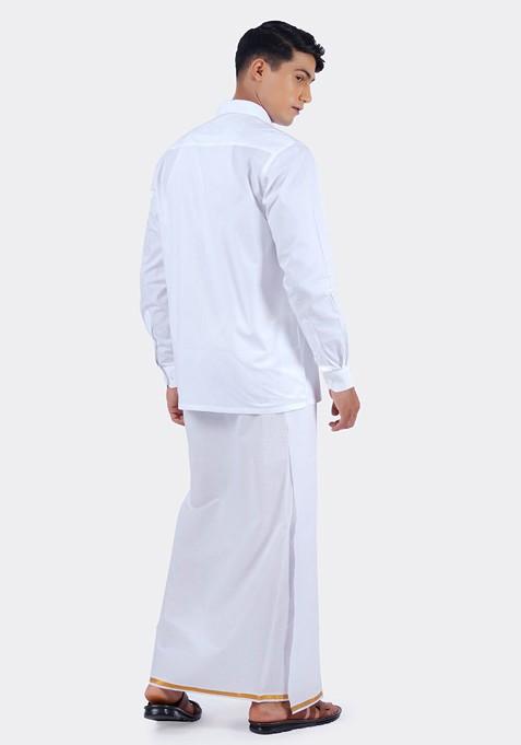 White Long Sleeves Pure Cotton Shirt With Dhoti For Men
