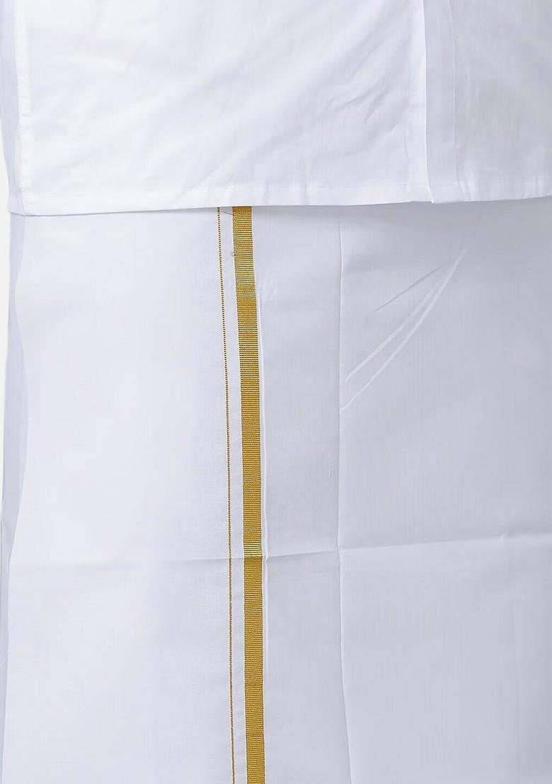 White Long Sleeves Pure Cotton Shirt With Dhoti For Men - Indya