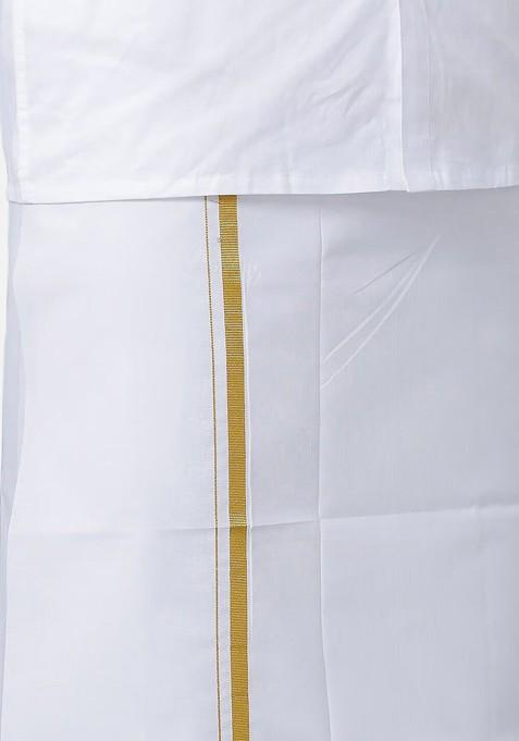 White Long Sleeves Pure Cotton Shirt With Dhoti For Men