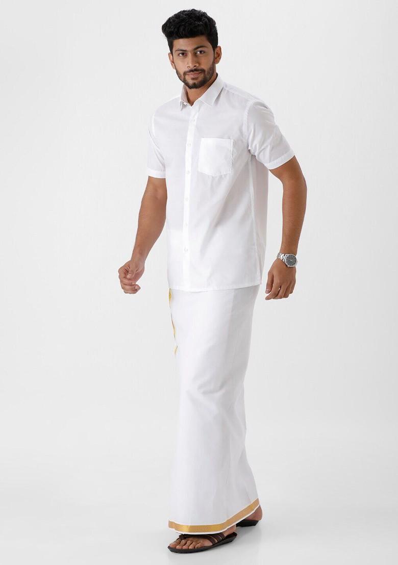 White Short Sleeves Pure Cotton Shirt With Dhoti For Men - Indya