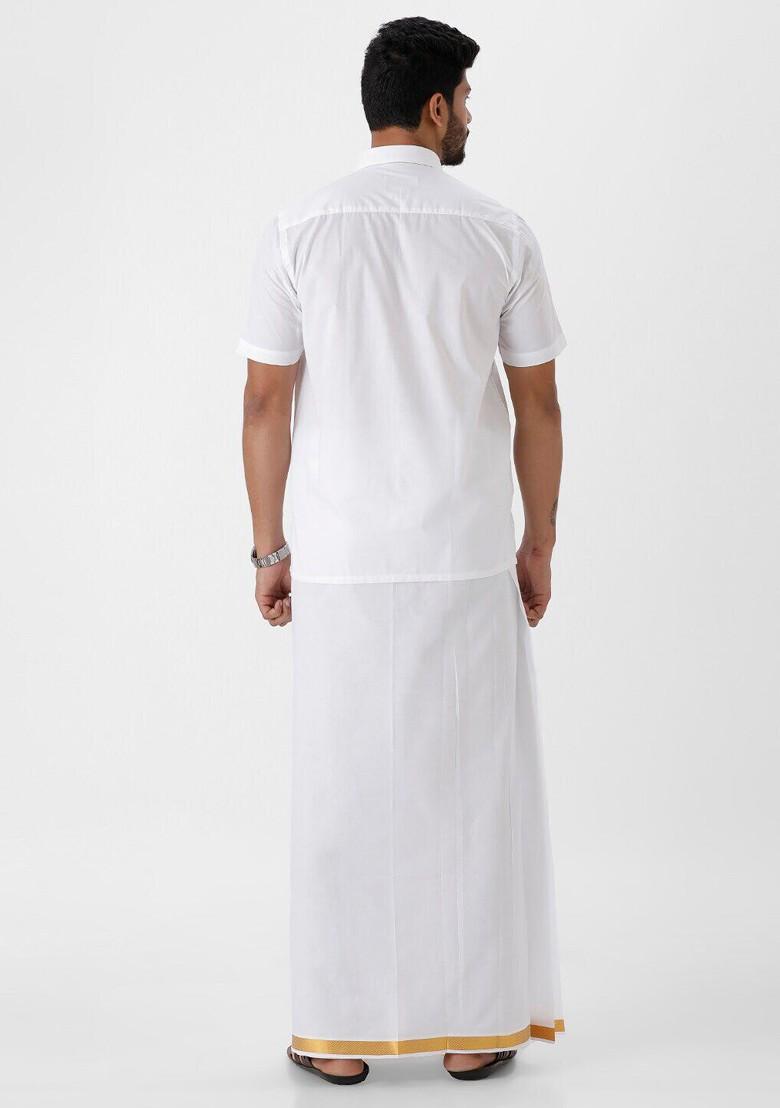 White Short Sleeves Pure Cotton Shirt With Dhoti For Men - Indya