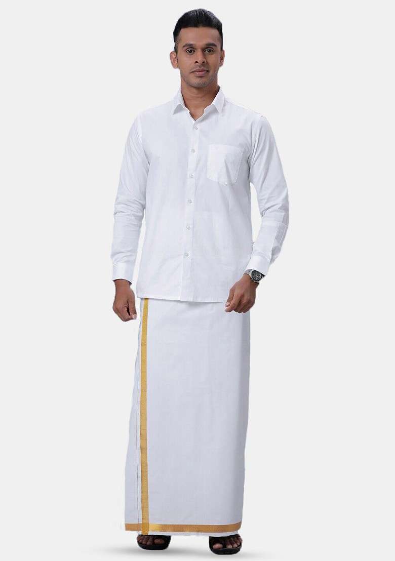 White Long Sleeves Shirt With Dhoti For Men - Indya