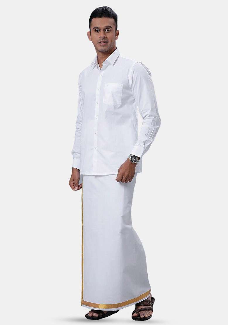 White Long Sleeves Shirt With Dhoti For Men - Indya
