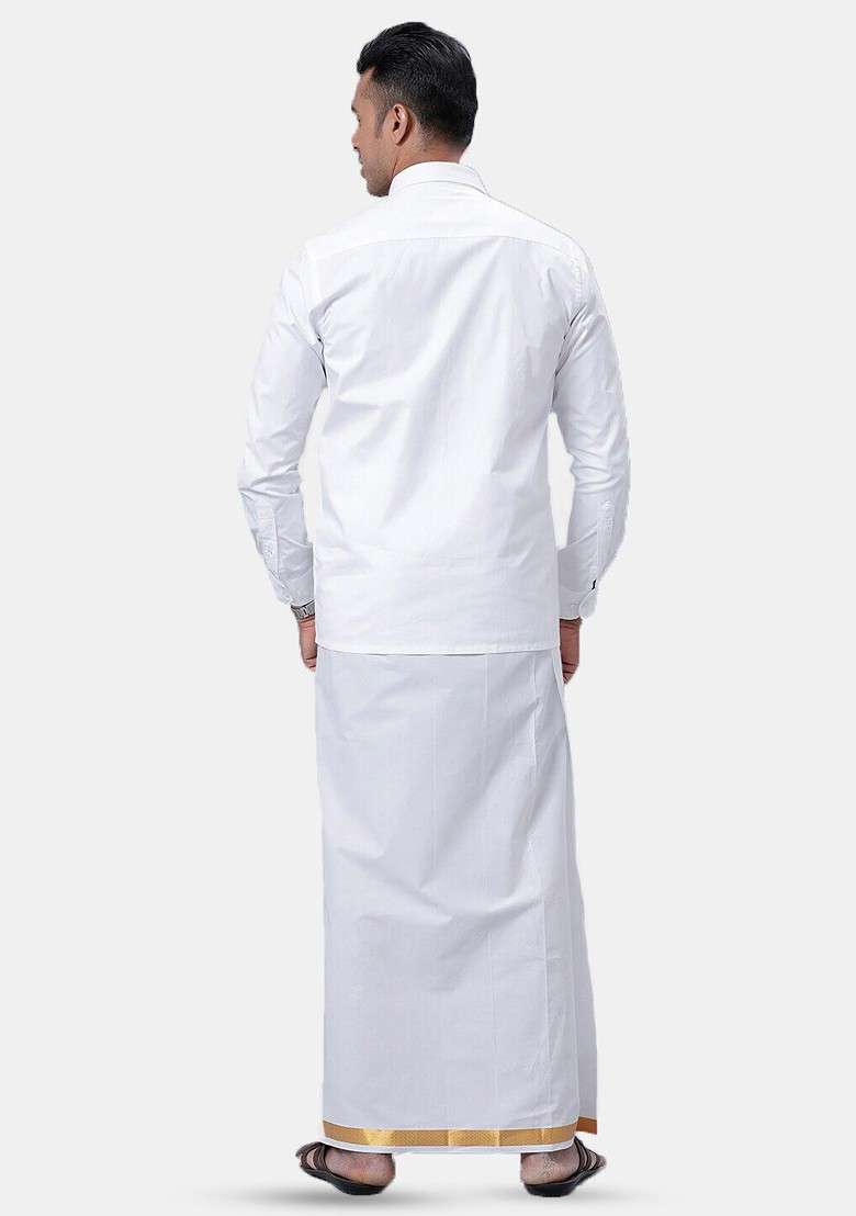 White Long Sleeves Shirt With Dhoti For Men - Indya