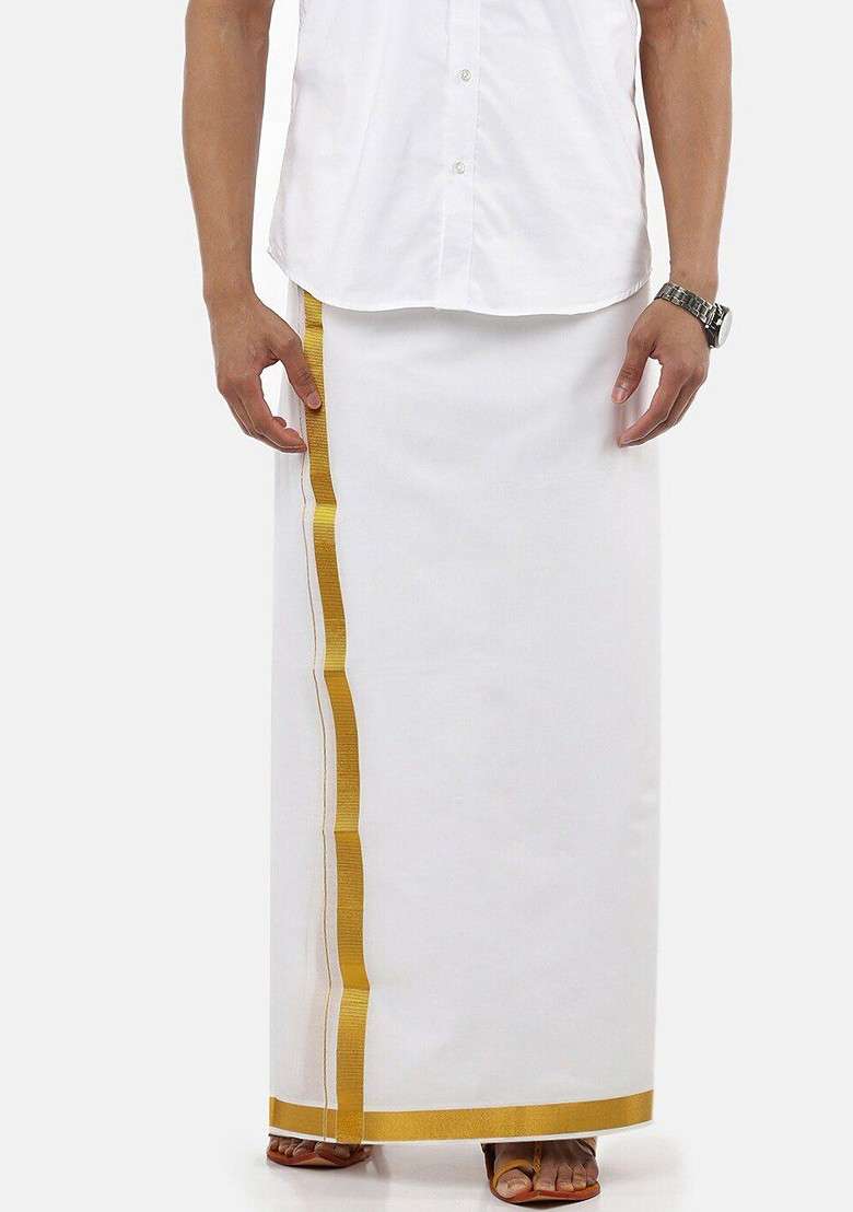 White Short Sleeves Pure Cotton Shirt With Dhoti For Men - Indya