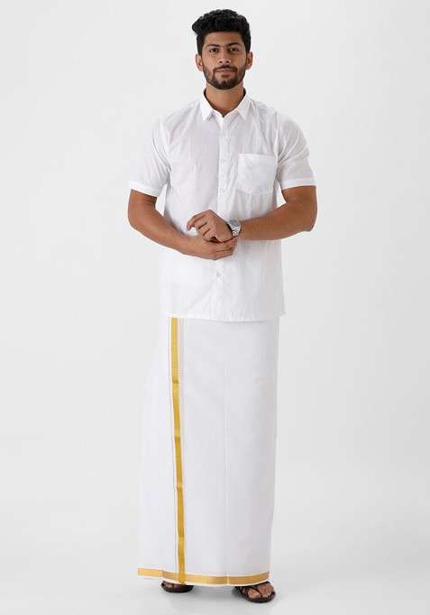 White Short Sleeves Pure Cotton Shirt With Dhoti For Men