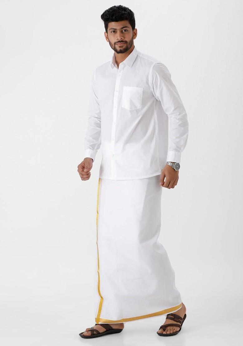 White Long Sleeves Pure Cotton Shirt With Dhoti For Men