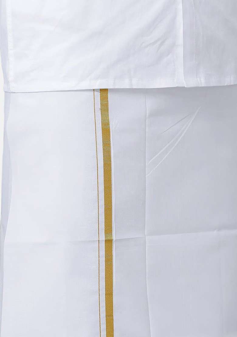 White Short Sleeves Pure Cotton Shirt With Dhoti For Men - Indya