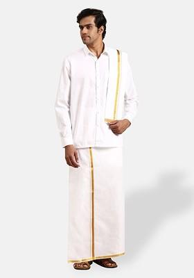 White Pure Cotton Shirt Double Dhoti Towel And Belt For Men