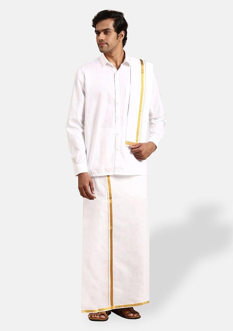White Pure Cotton Shirt Double Dhoti Towel And Belt For Men