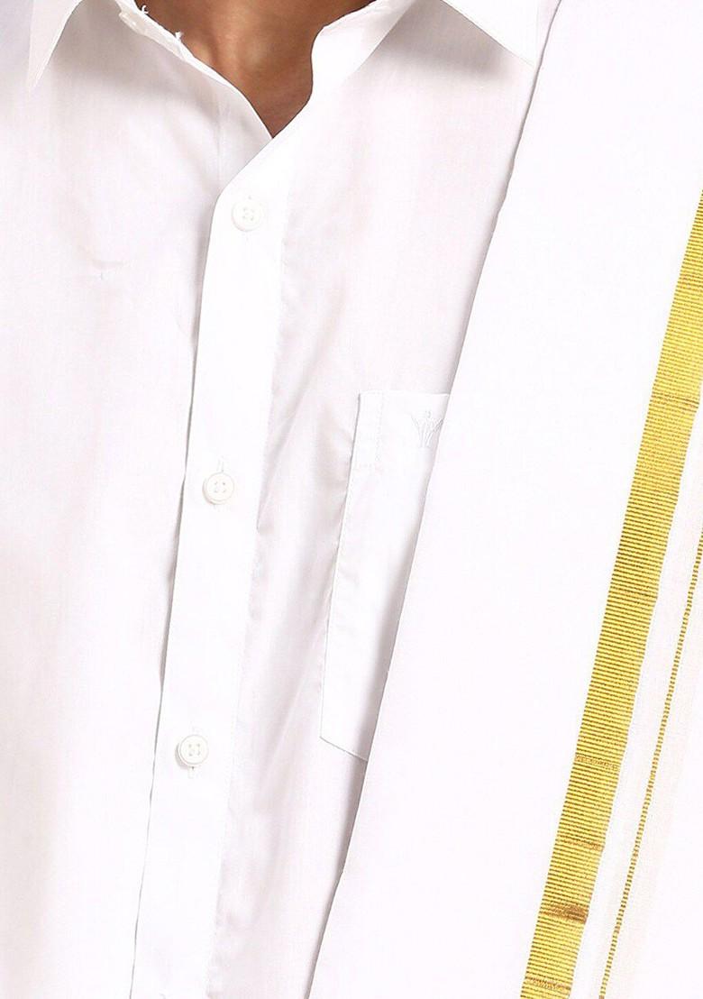 White Pure Cotton Shirt Double Dhoti Towel And Belt For Men