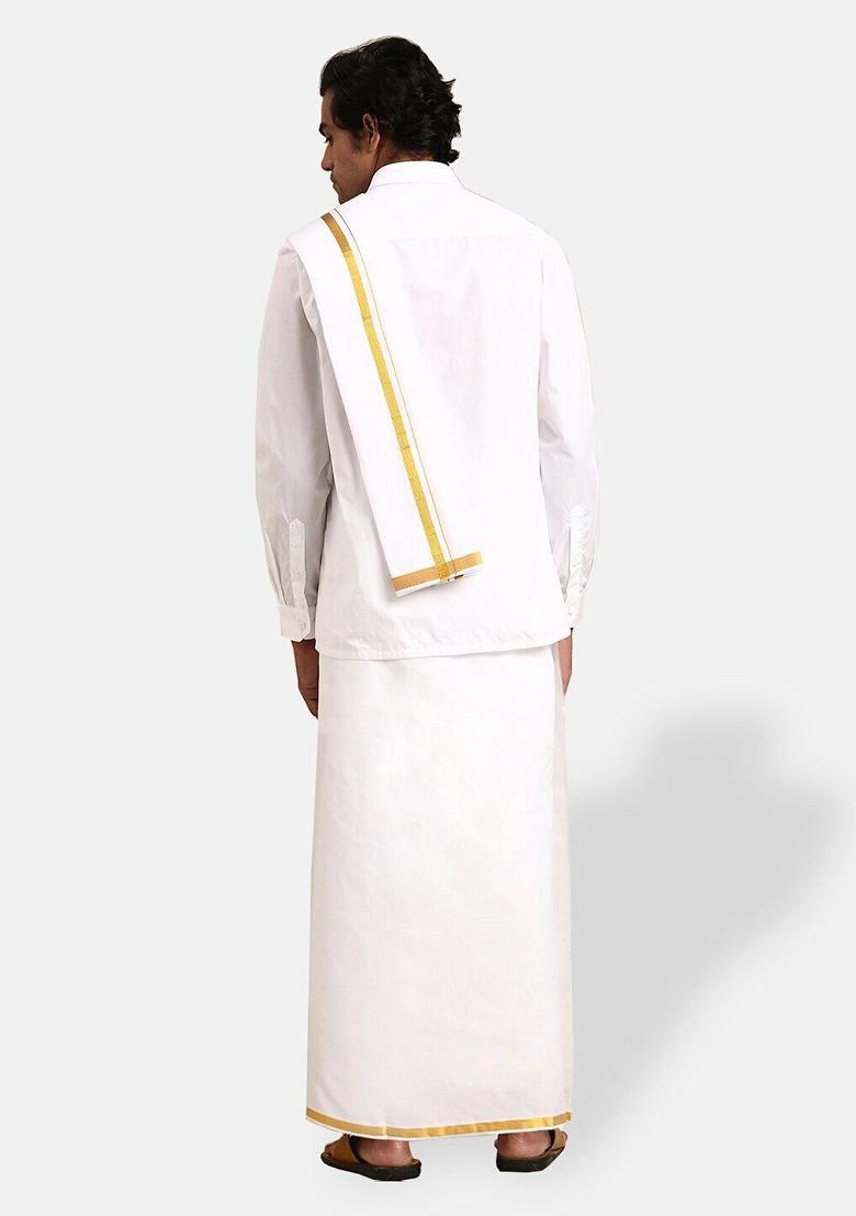 White Pure Cotton Shirt Double Dhoti Towel And Belt For Men