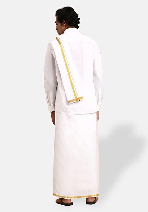 White Pure Cotton Shirt Double Dhoti Towel And Belt For Men