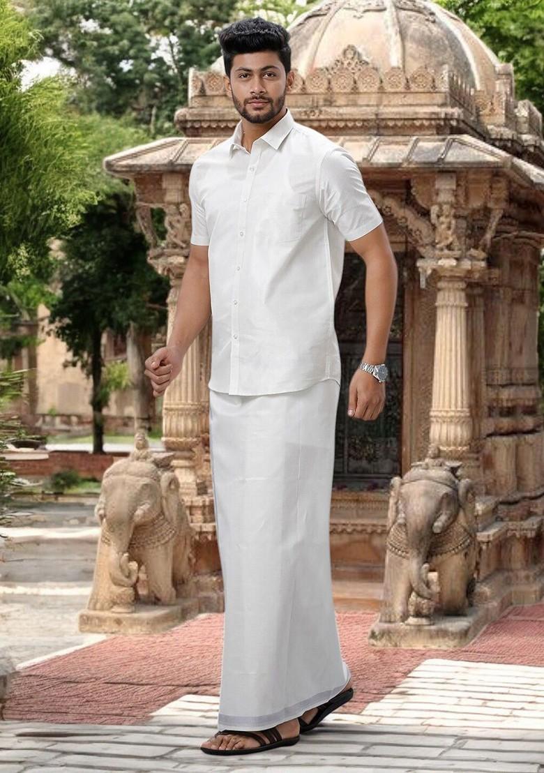 White Short Sleeve Shirt And Zari Border Dhoti For Men - Indya