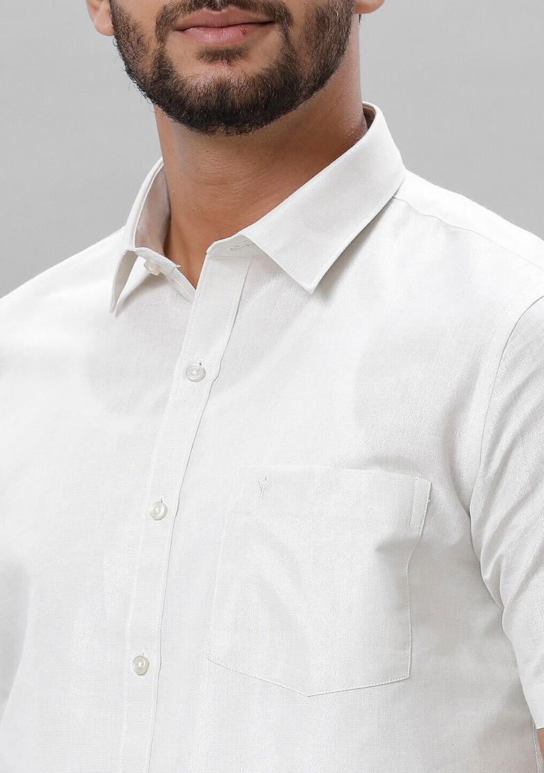 White Short Sleeve Shirt And Zari Border Dhoti For Men - Indya