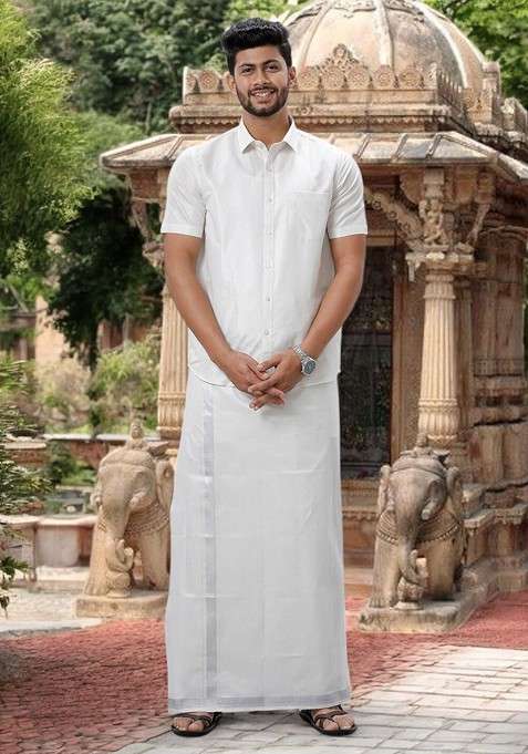 White Short Sleeve Shirt And Zari Border Dhoti For Men