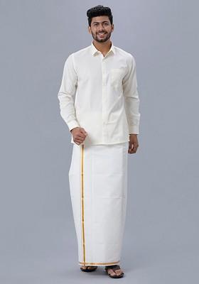 Cream Pure Cotton Shirt With Golden Jari Single Layer Dhoti For Men