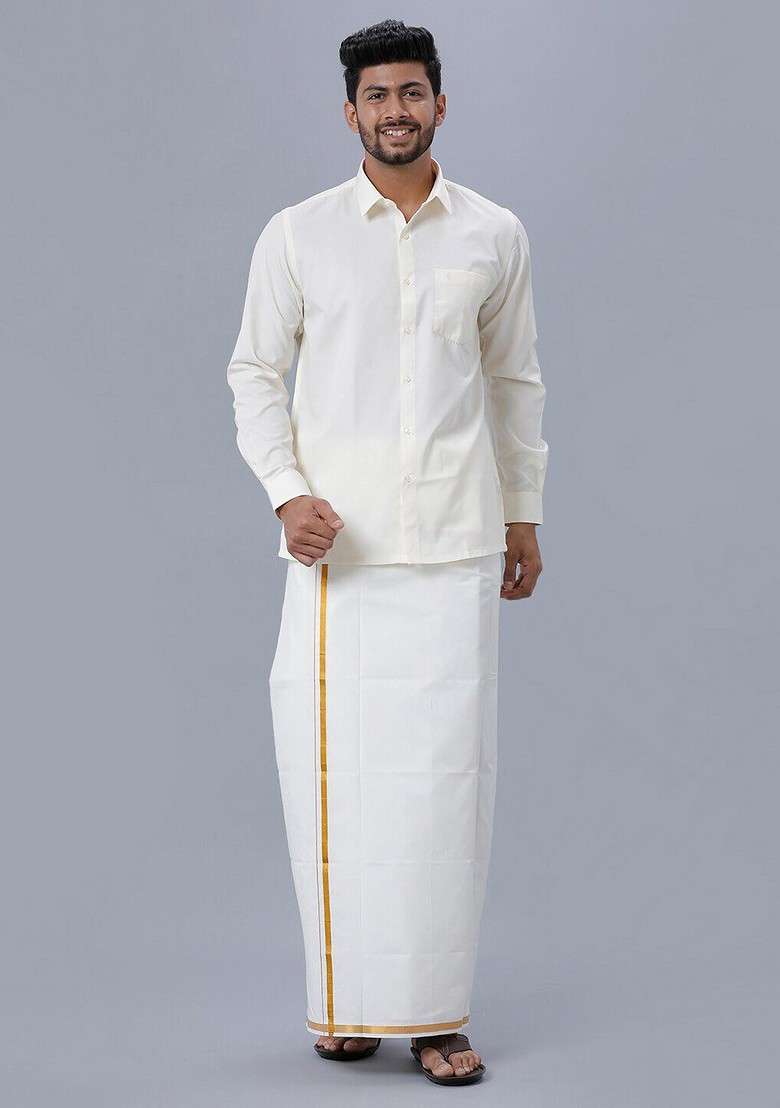Cream Pure Cotton Shirt With Golden Jari Single Layer Dhoti For Men - Indya