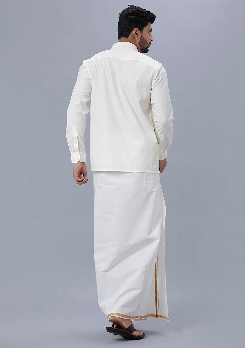 Cream Pure Cotton Shirt With Golden Jari Single Layer Dhoti For Men - Indya
