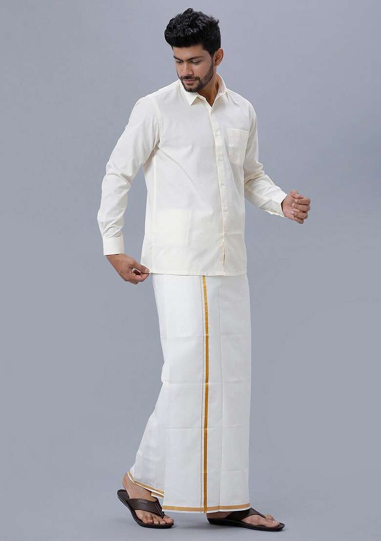 Cream Pure Cotton Shirt With Golden Jari Single Layer Dhoti For Men - Indya