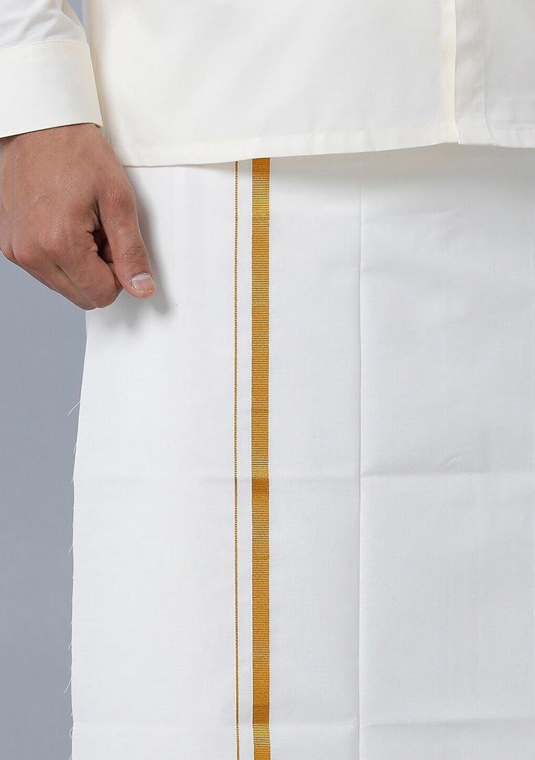 Cream Pure Cotton Shirt With Golden Jari Single Layer Dhoti For Men - Indya