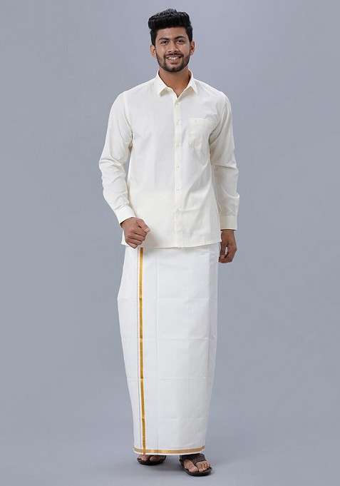 Cream Pure Cotton Shirt With Golden Jari Single Layer Dhoti For Men