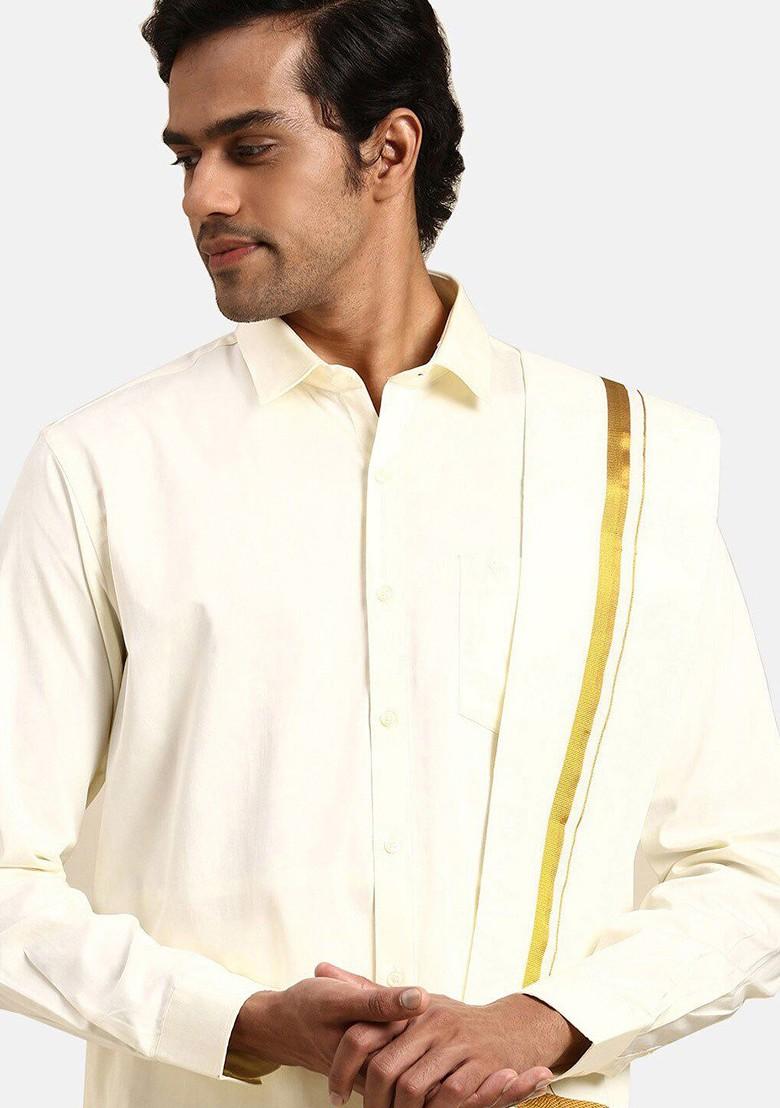 Cream Long Sleeves Pure Cotton Shirt With Golden Jari Dhoti And Angavastra For Men - Indya
