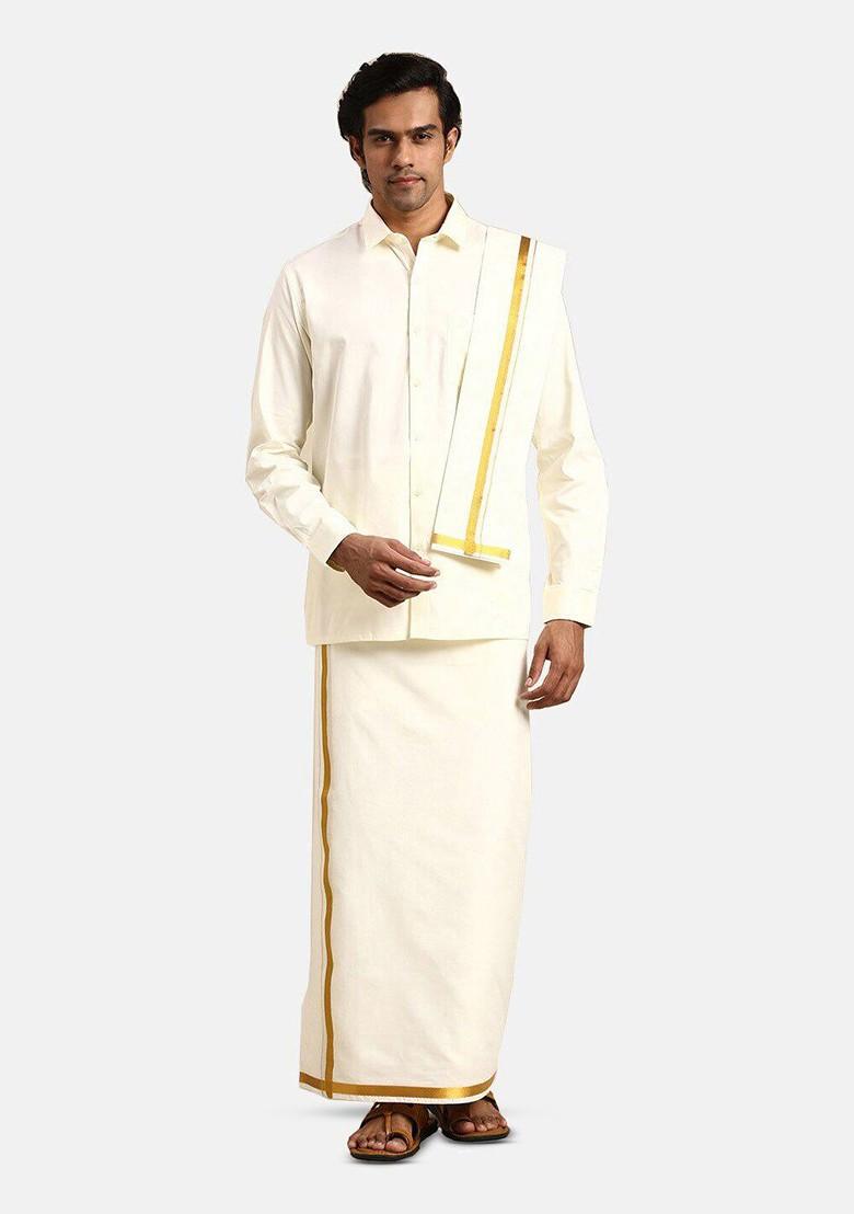 Cream Long Sleeves Pure Cotton Shirt With Golden Jari Dhoti And Angavastra For Men