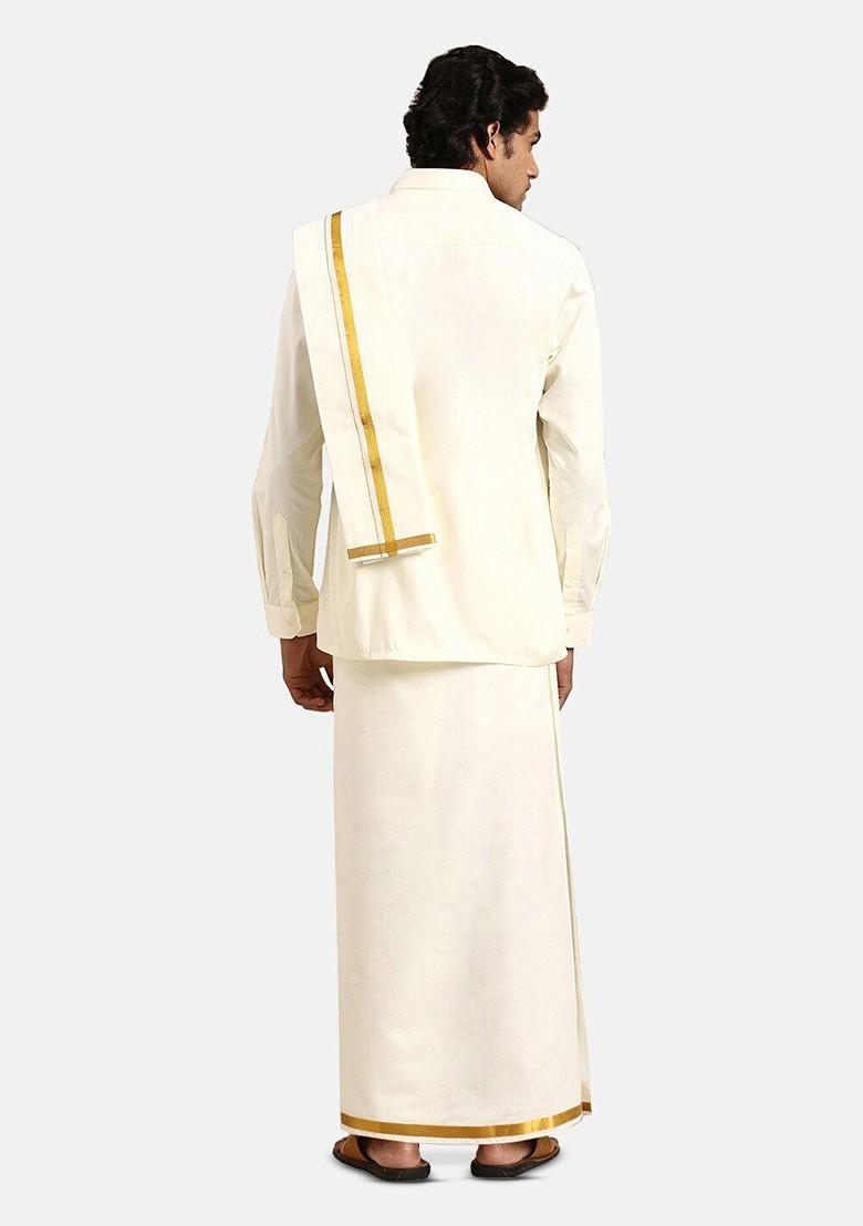 Cream Long Sleeves Pure Cotton Shirt With Golden Jari Dhoti And Angavastra For Men - Indya